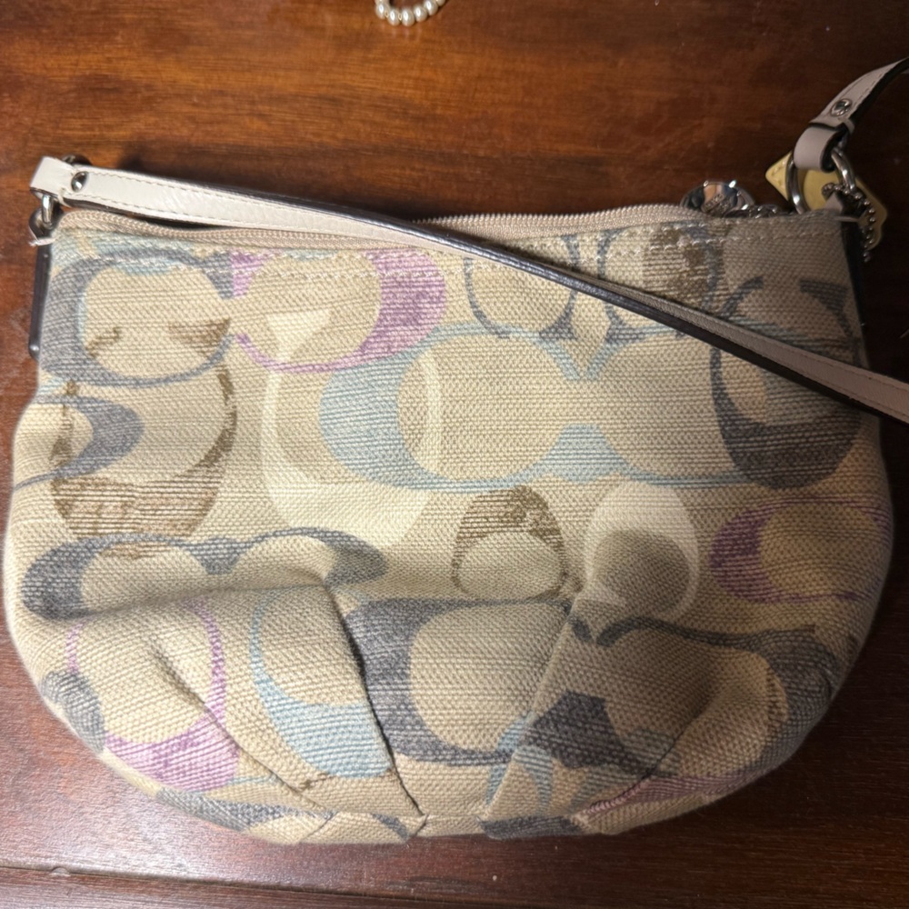 Coach Beige Signature Canvas Crossbody with Pastel Blue & Purple Cs